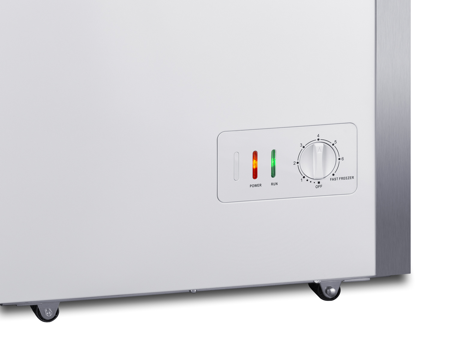 Commercially listed 19.8 cu.ft. manual defrost chest freezer in white with stainless steel corner guards and lock